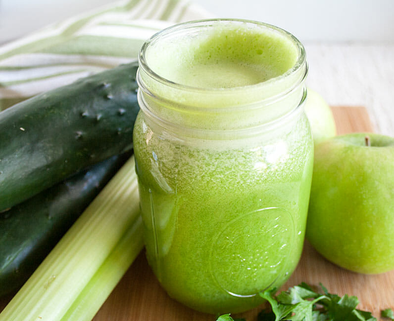 Green Juice in mason jar close up.