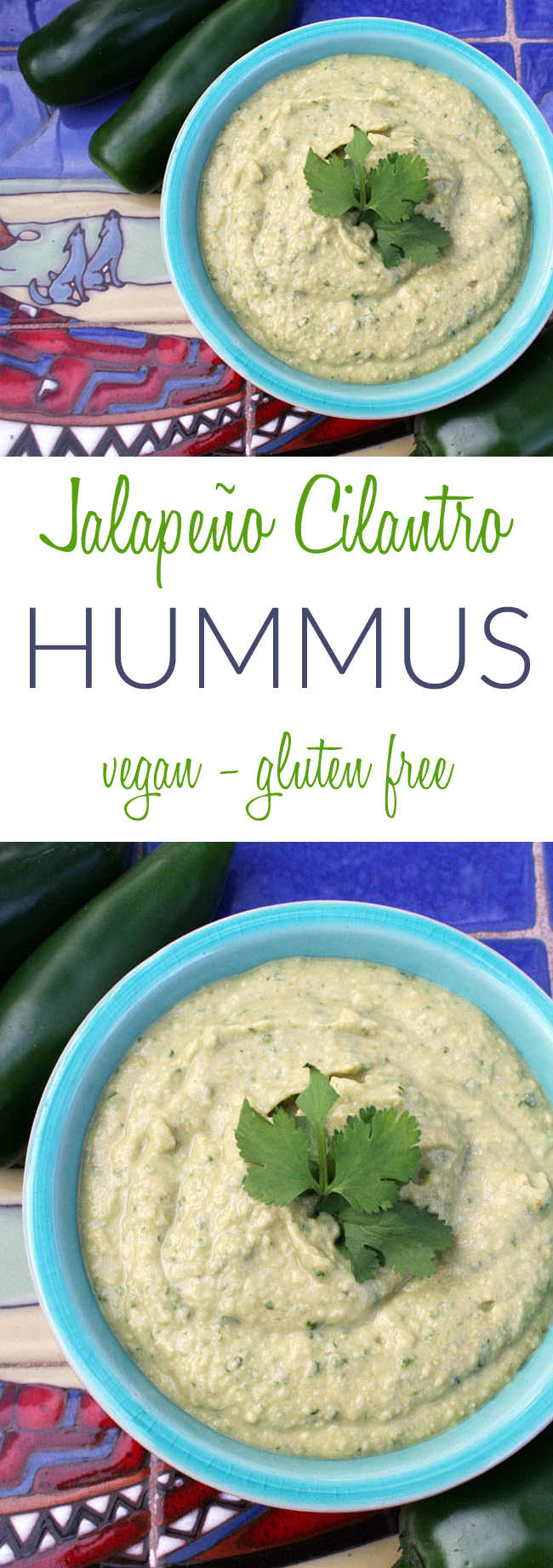 Jalapeño Cilantro Hummus collage photo with text.
