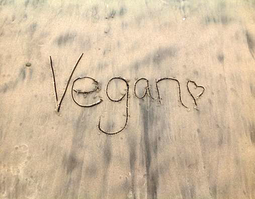 Photo of the word vegan written in the sand.
