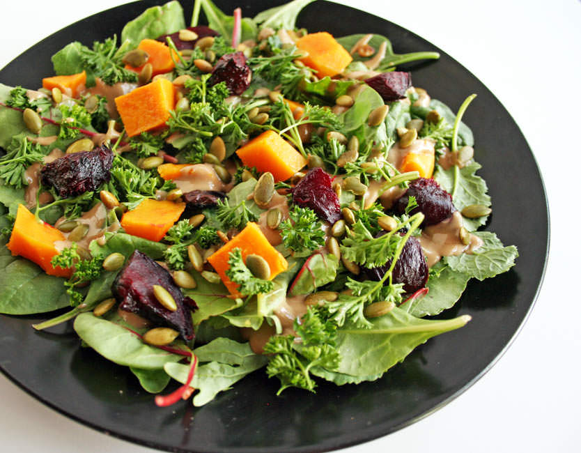 Roasted Beet and Butternut Squash Salad with Maple Tahini Dressing