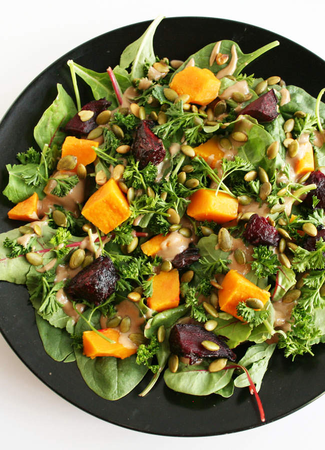 Roasted Beet and Butternut Squash Salad with Maple Tahini Dressing birds eye view.