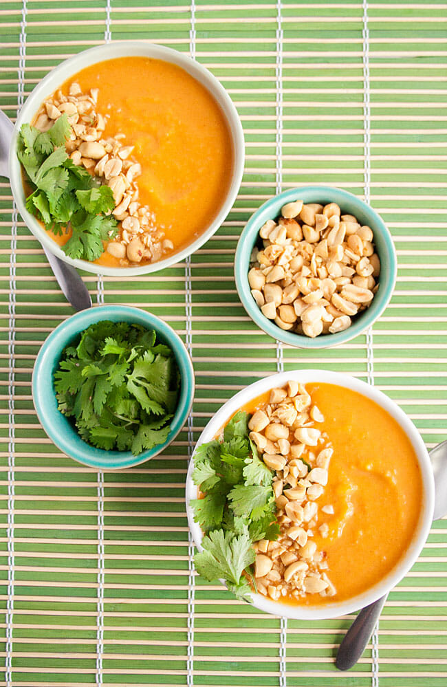 Thai Curry Butternut Squash Soup with peanuts and cilantro.