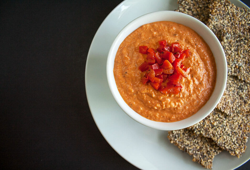 Roasted Red Pepper Hummus with crackers.