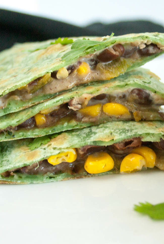 Black Bean and Corn Vegan Quesadilla close up.