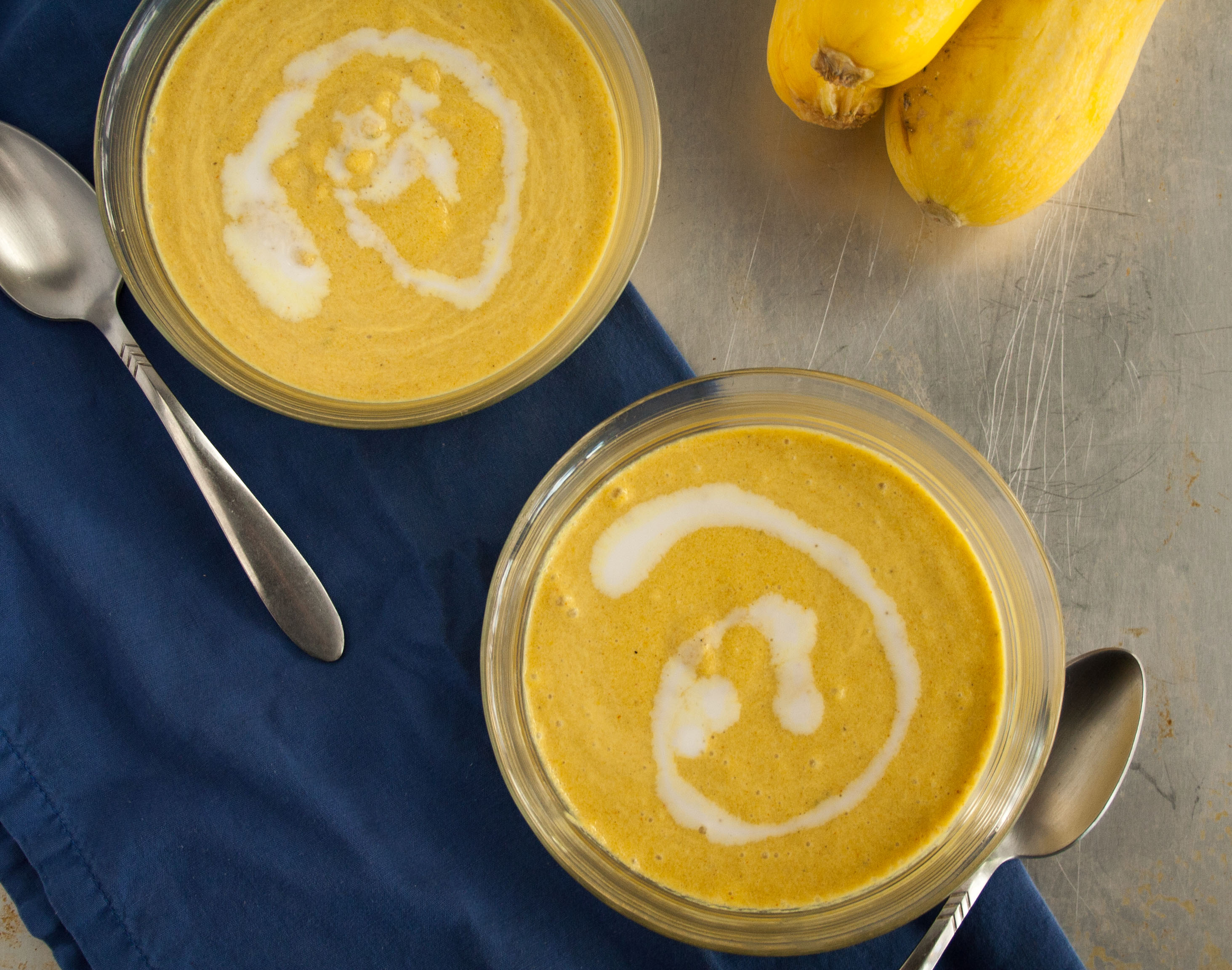 Curried Summer Squash Soup in bowls.