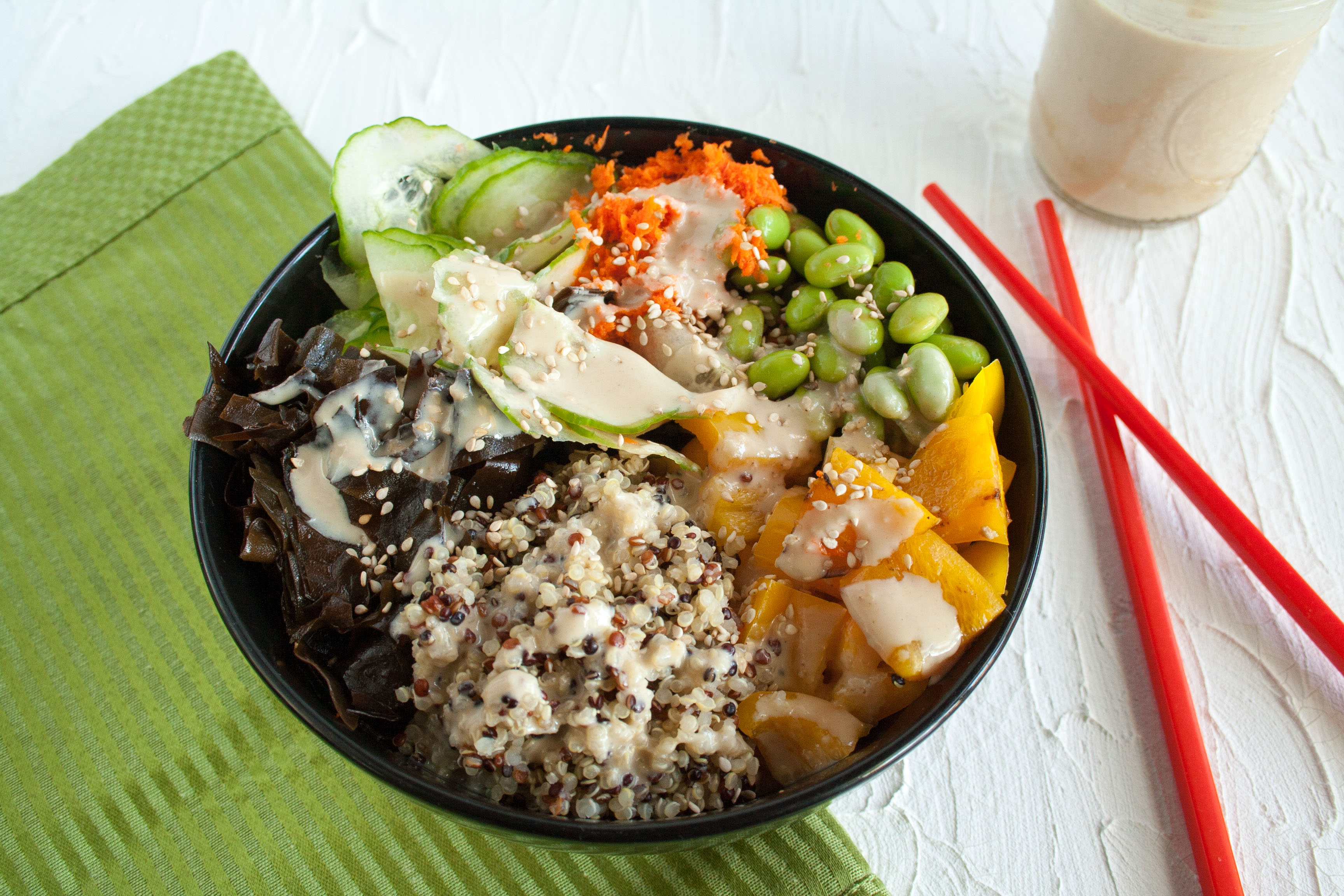 Edamame Quinoa Buddha Bowl with Miso Tahini Dressing - Create Mindfully