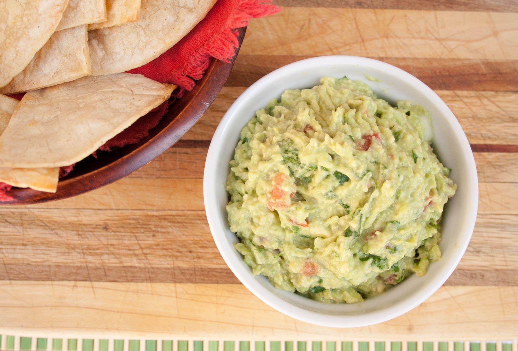 Guacamole with Baked Tortilla Chips close up.