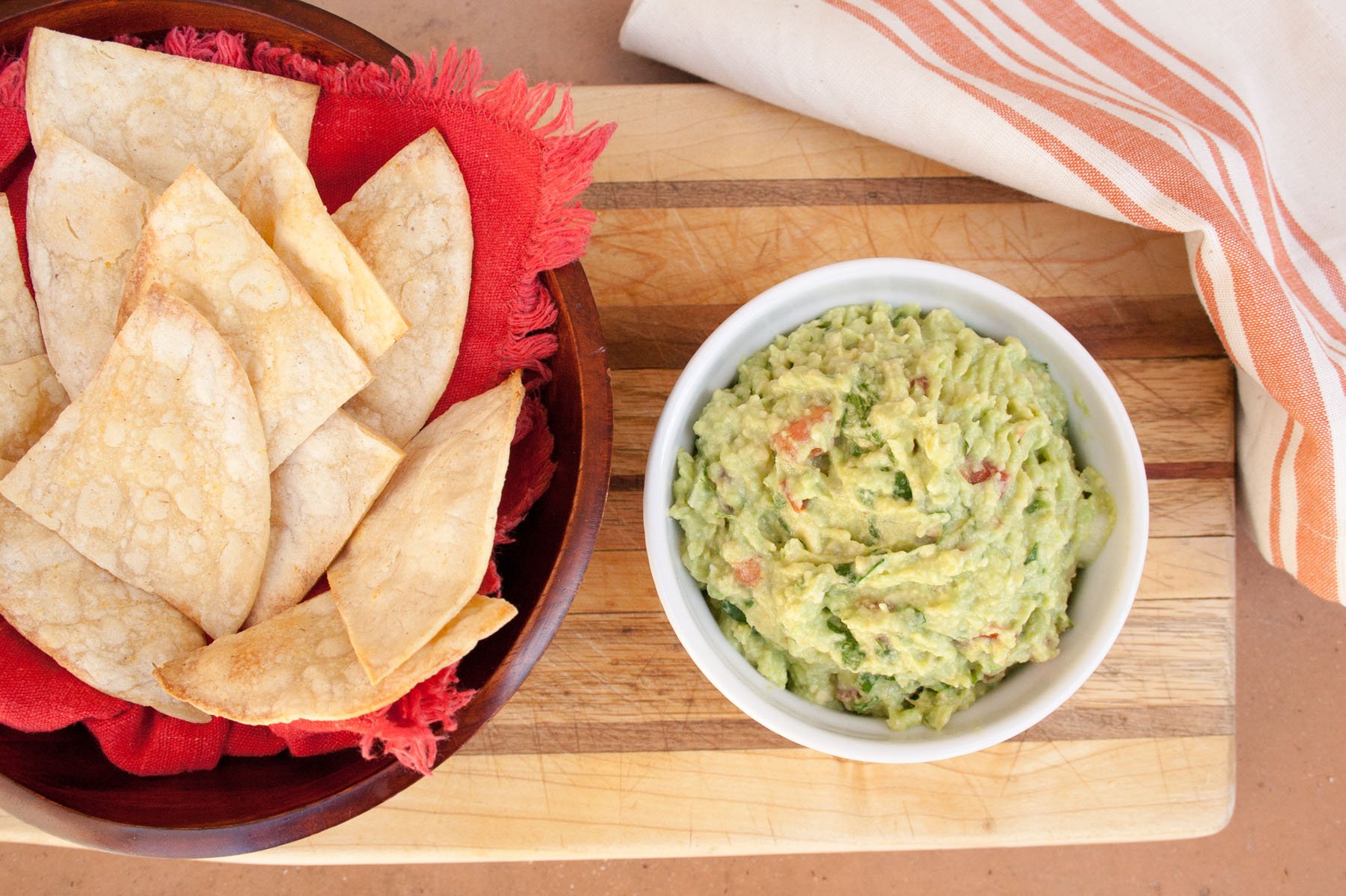 Guacamole with Baked Tortilla Chips birds eye view.