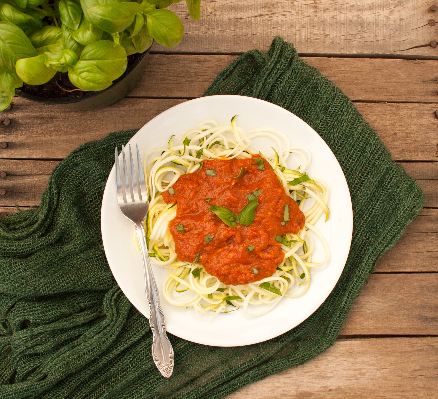 Zucchini Noodles with Raw Red Pepper Sauce birds eye view.