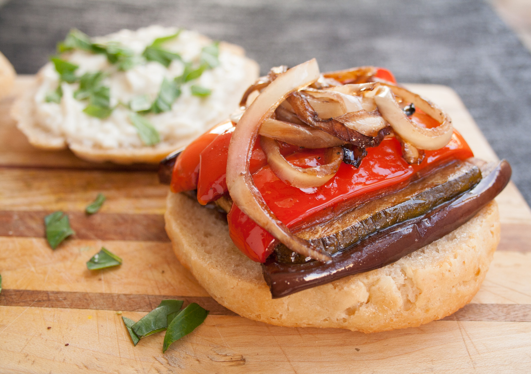 Balsamic Roasted Vegetable Sandwich open faced close up.