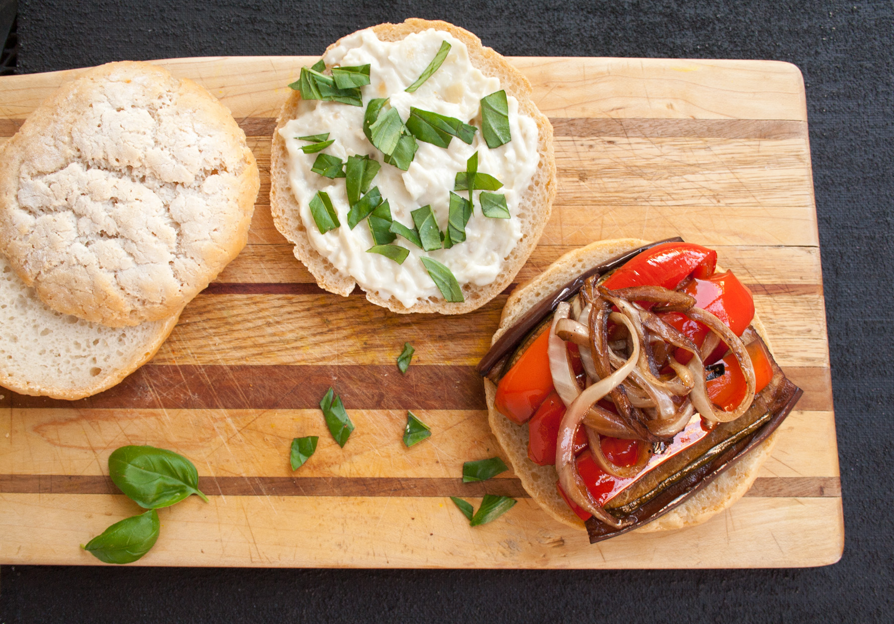 Balsamic Roasted Vegetable Sandwich open faced birds eye view.