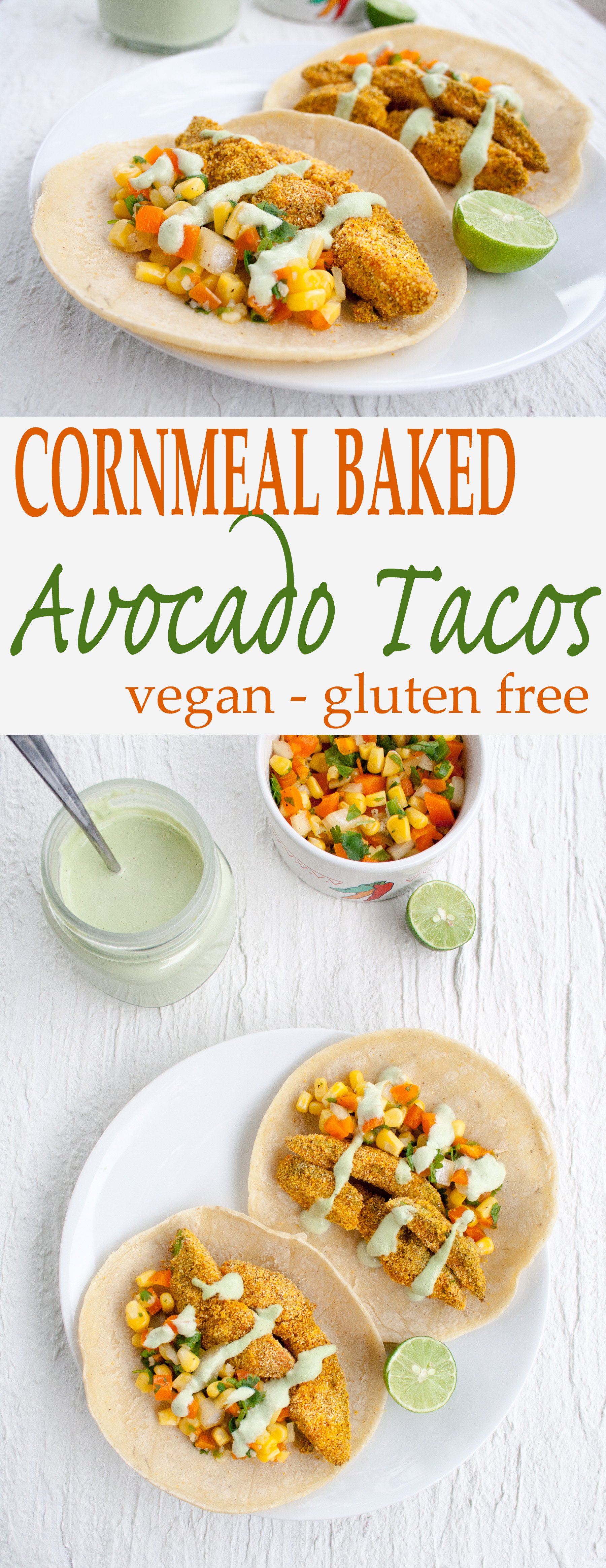 Cornmeal Baked Avocado Tacos collage photo with text.