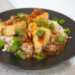 Crispy Teriyaki Tofu and Cauliflower Rice on a plate.
