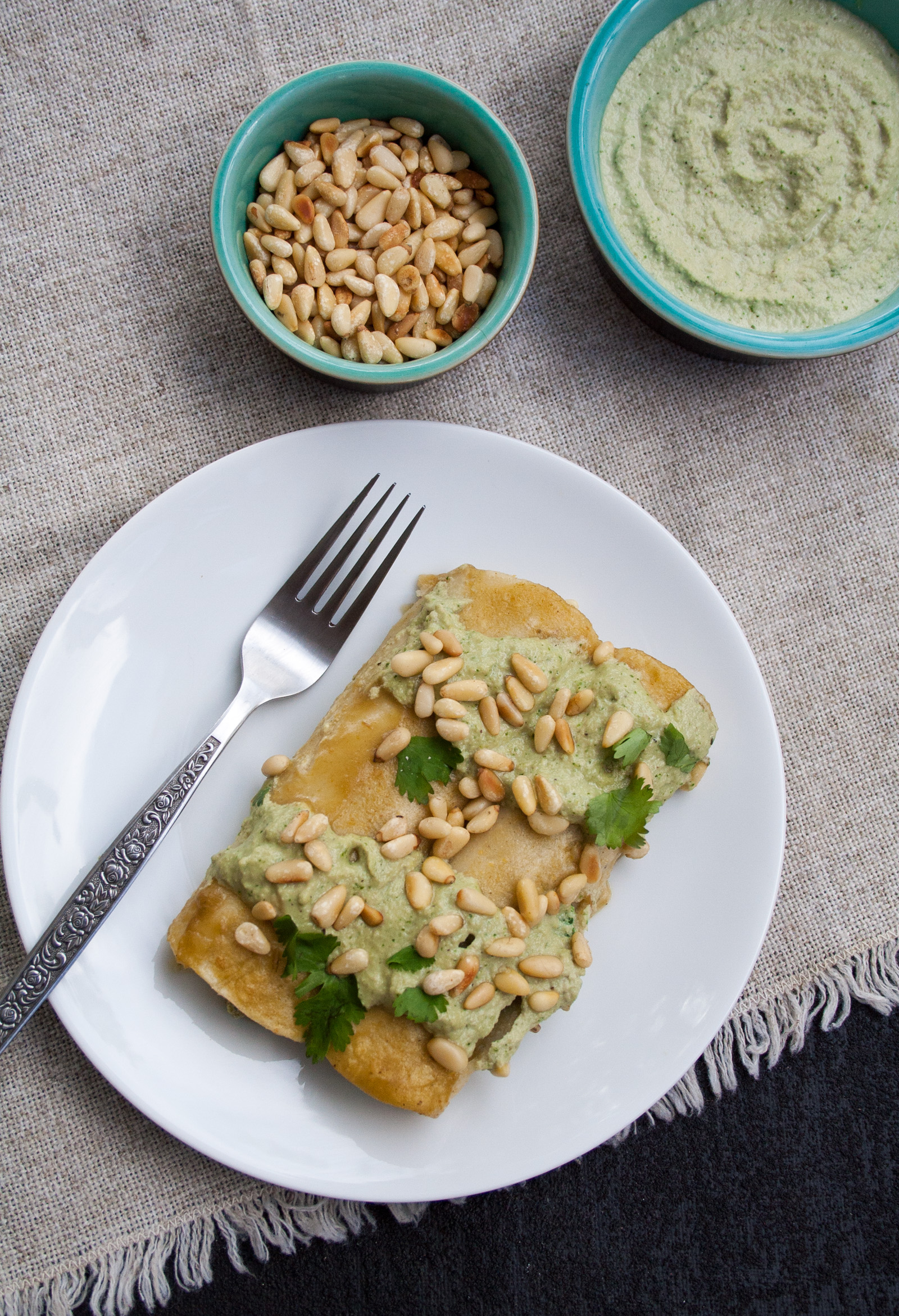 Spinach, Tofu, and Pine Nut Enchiladas birds eye view.