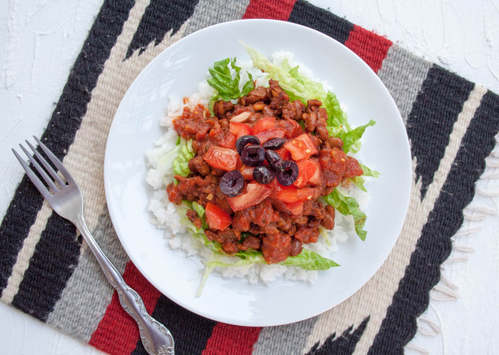 Vegan Taco Rice (Takoraisu) on a plate with a fork.