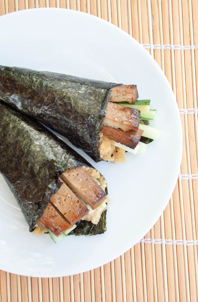 Baked Tofu Temaki Sushi with Cauliflower Rice birds eye view