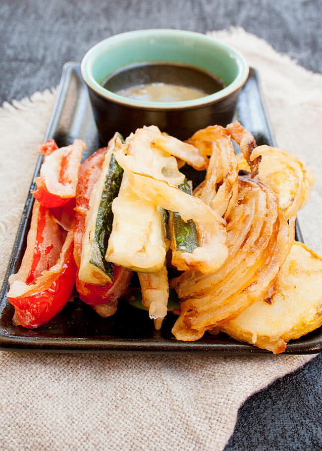 Vegan Tempura with dipping sauce.