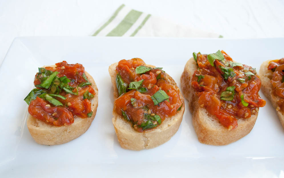 Roasted Tomato Bruschetta close up.