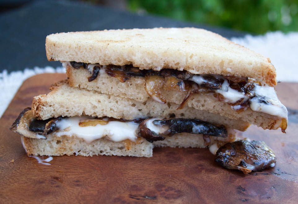 Vegan Caramelized Onion and Mushroom Grilled Cheese on cutting board.