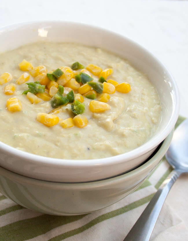 Creamy Corn Soup with Jalapeño close up.