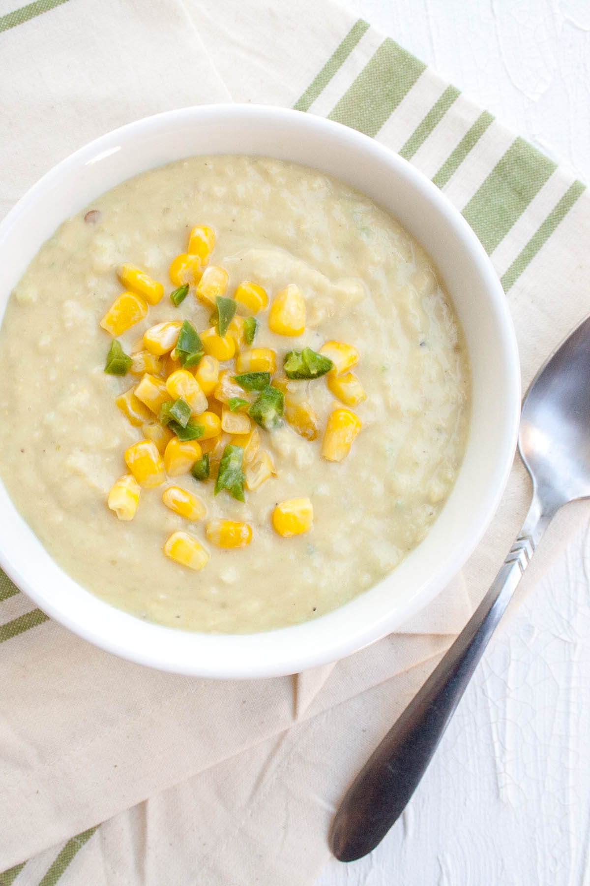 Creamy Corn Soup with Jalapeño birds eye view.