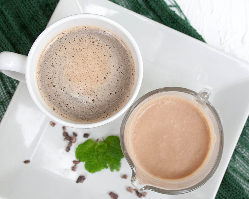 Mint Chocolate Coffee Creamer birds eye view with cup of coffee.