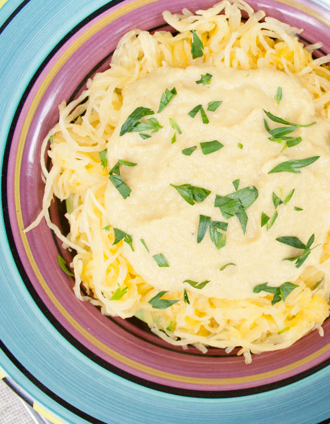 Vegan Spaghetti Squash Alfredo birds eye vertical.