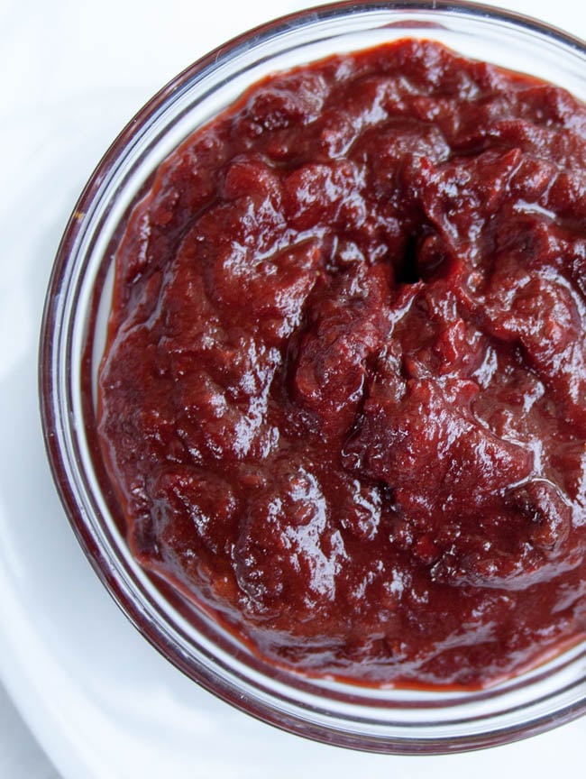 Raspberry Chipotle Ketchup bird's eye view close up.