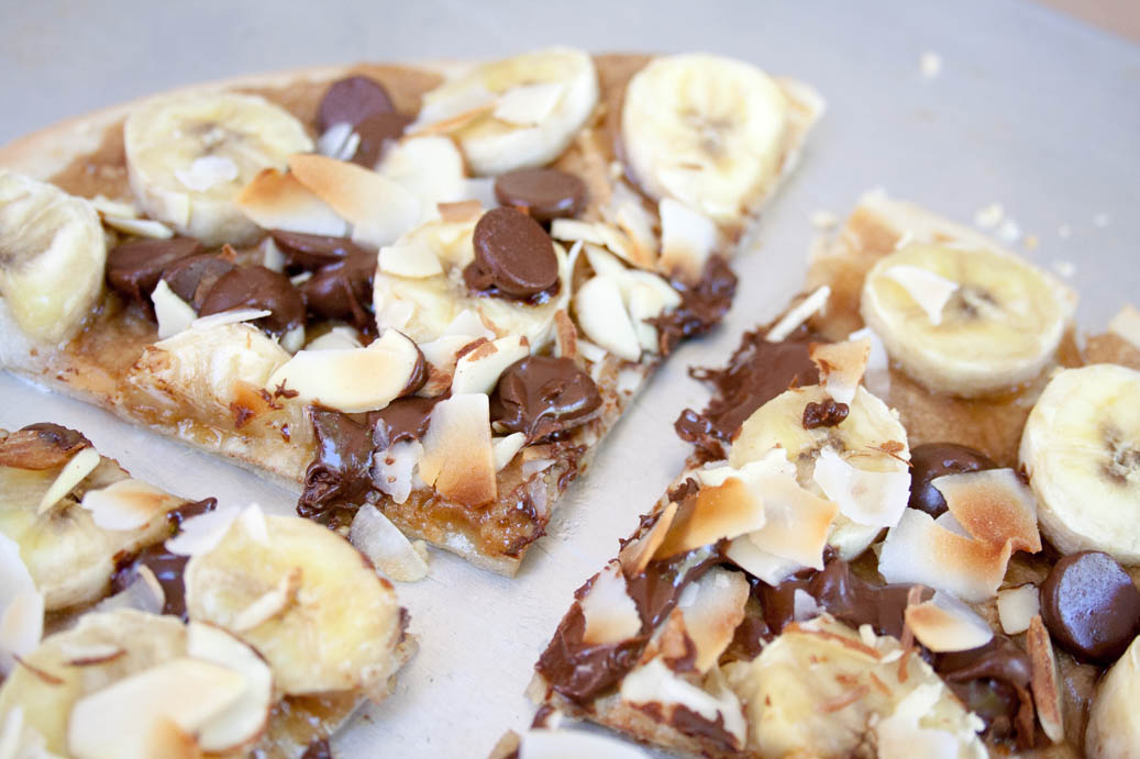 Dessert Pizza with Banana, Chocolate, and Peanut Butter close up.