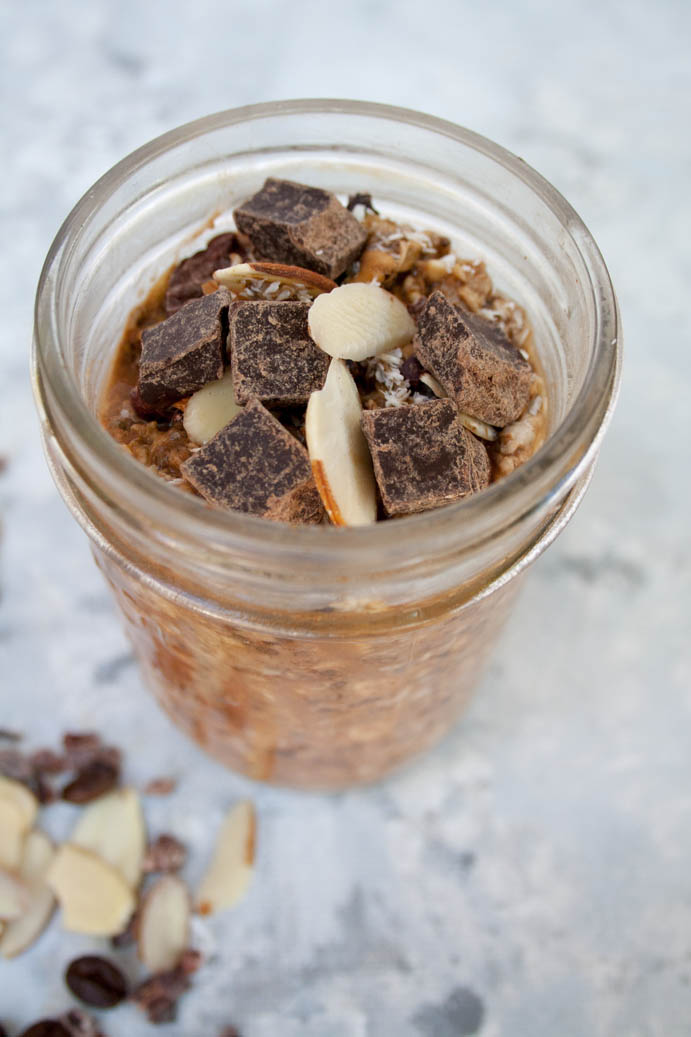 Mocha Almond Overnight Oats in a mason jar.