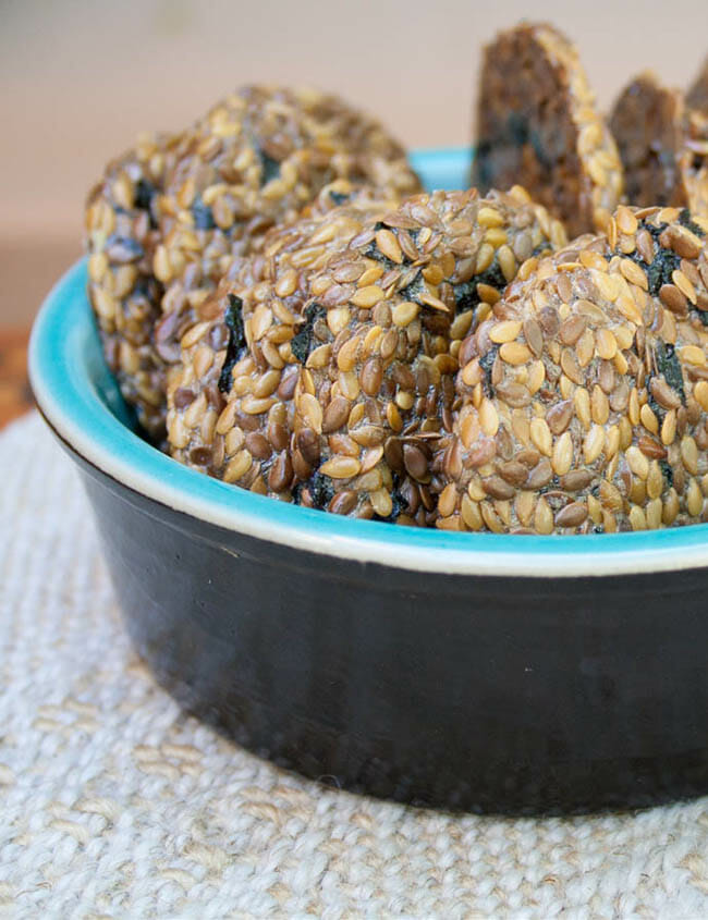 Seaweed Crackers with tamari and flax seed close up.