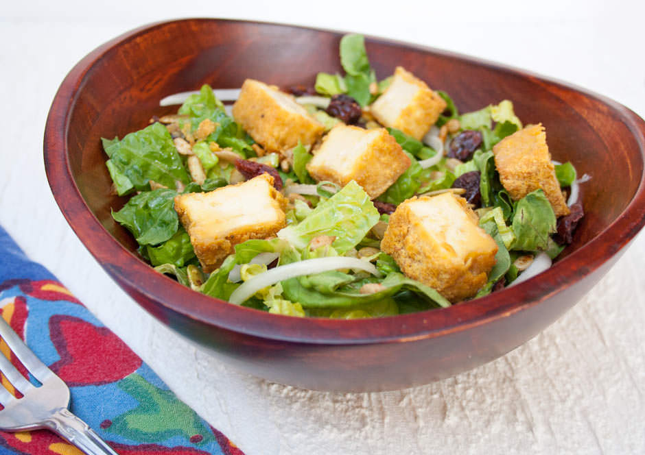 Crispy Tofu Salad with Sweet Mustard Dressing close up.