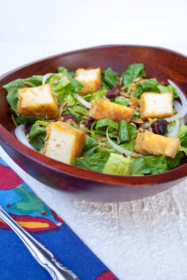 Crispy Tofu Salad with Sweet Mustard Dressing in a wood bowl.