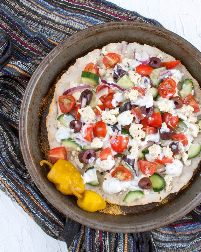 Greek Pizza with Tofu Feta birds eye view.