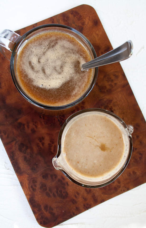 Birds eye view of Caramel Creamer with a cup of coffee that has creamer in it.