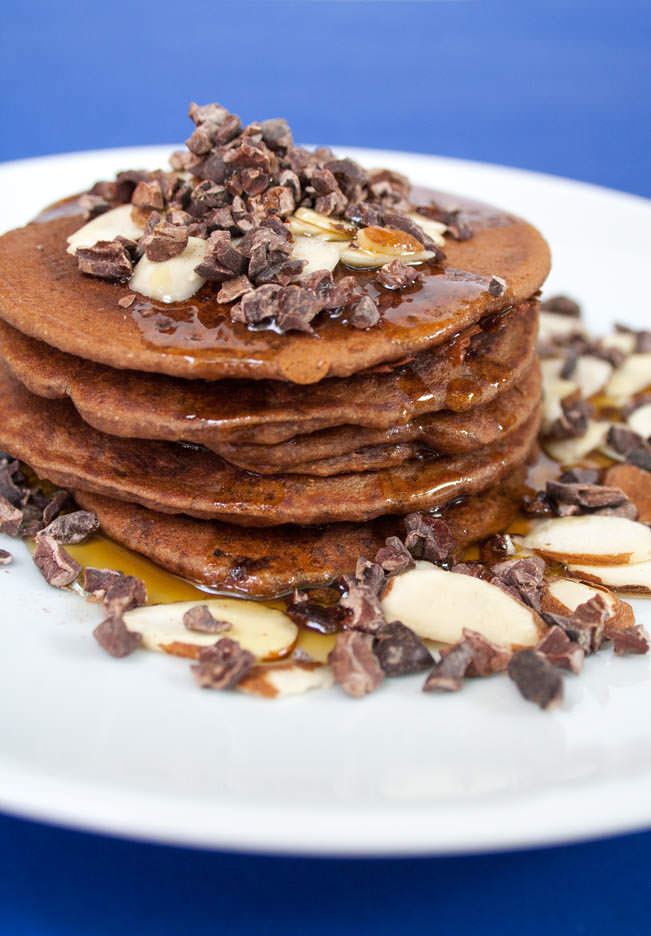 Chocolate Almond Pancakes close up.