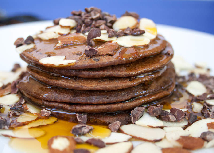 Chocolate Almond Pancakes close up.