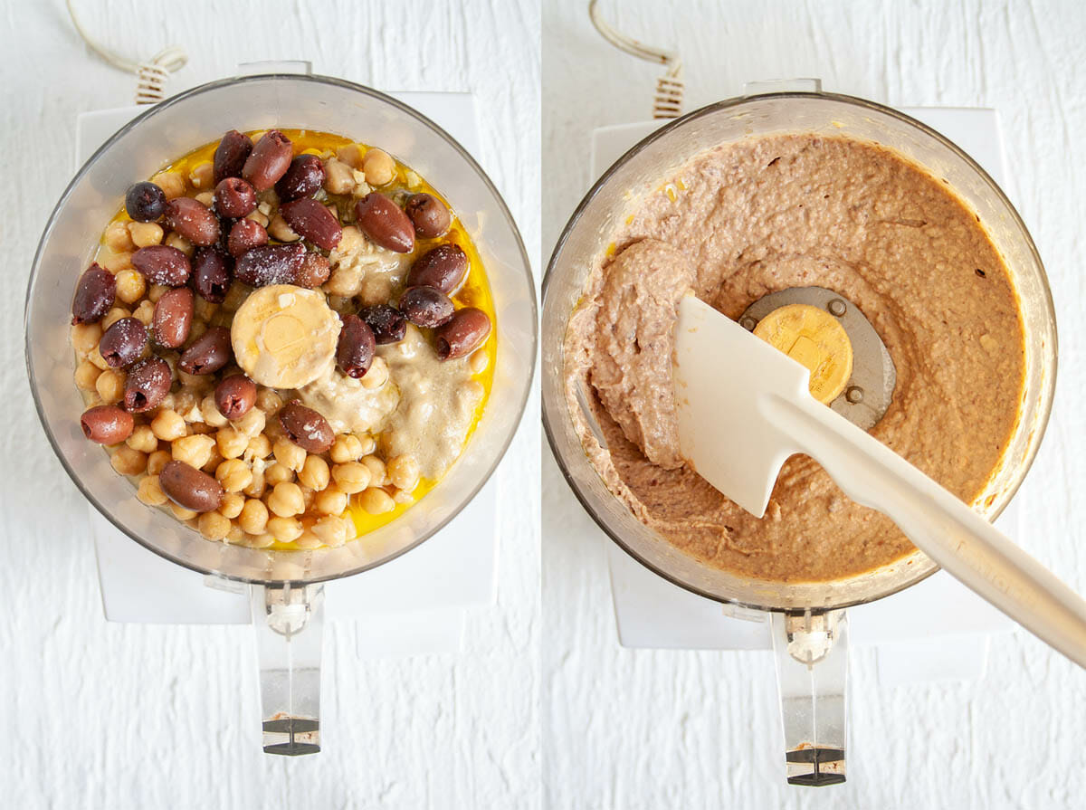 Kalamata Olive Hummus ingredients in a food processor before and after mixing.