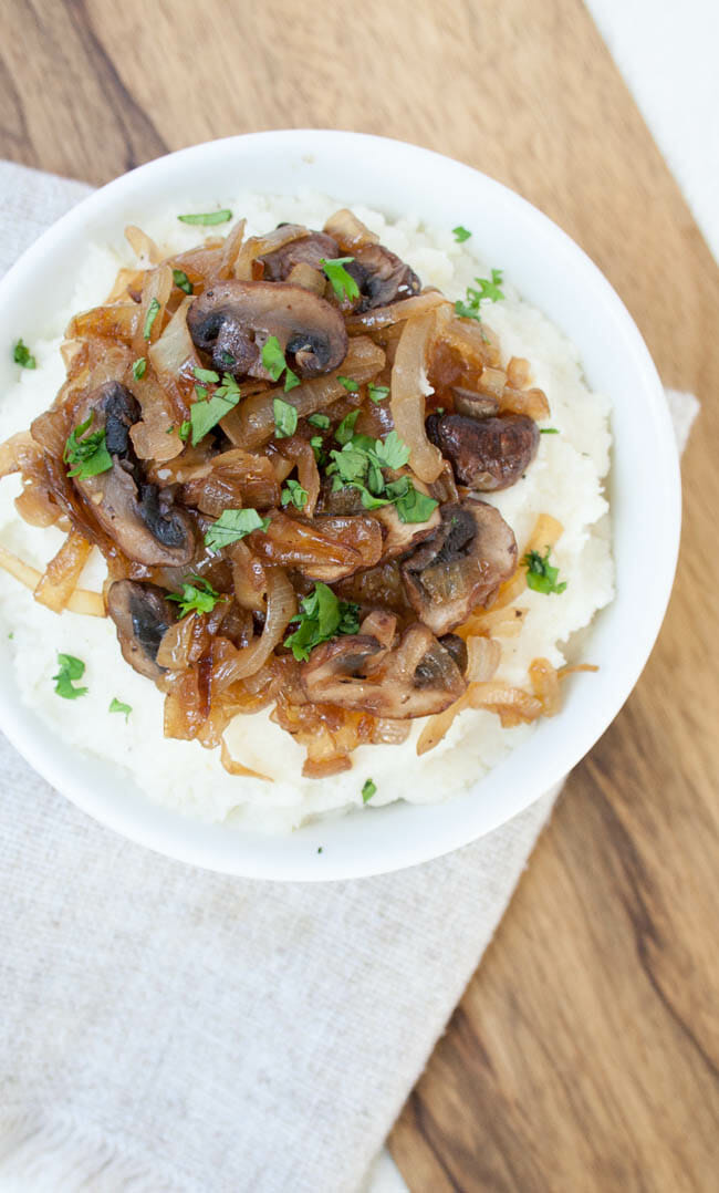 Vegan Cauliflower Mash Recipe with Caramelized Onions and Mushrooms bird's eye view