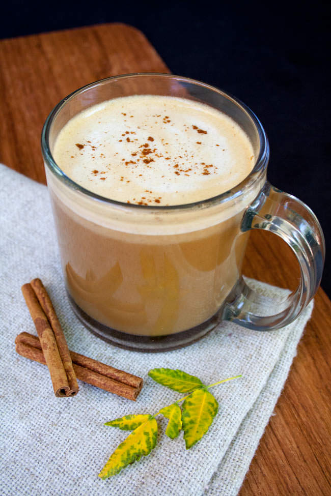 Vegan Pumpkin Spice Latte in a glass mug.