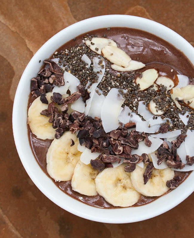 Cacao Acai Bowl bird's eye view close up.