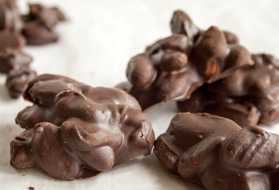 Vegan Mexican Chocolate Covered Almonds Clusters on parchment paper.