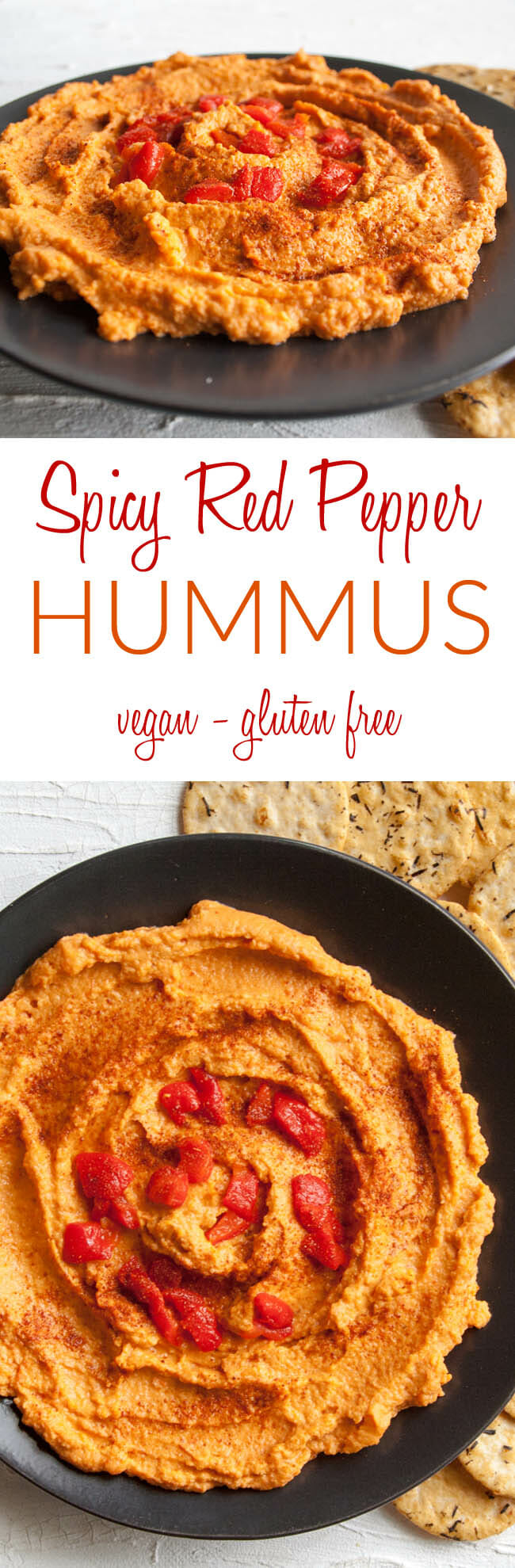 Spicy Red Pepper Hummus collage photo with text in the middle.