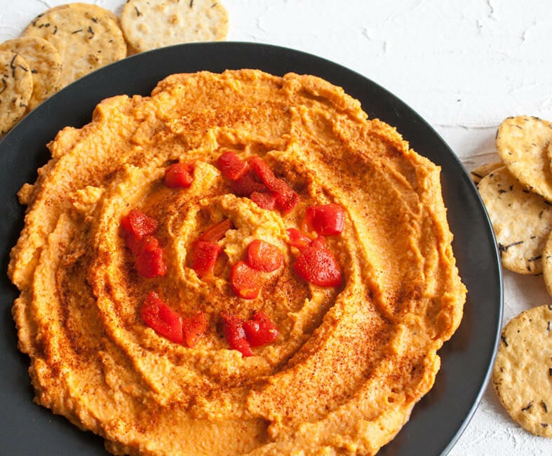 Spicy Red Pepper Hummus close up.