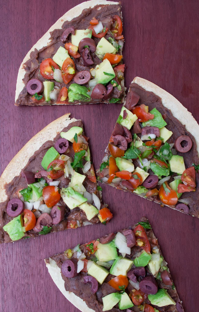 Vegan Mexican Tortilla Pizza birds eye view.