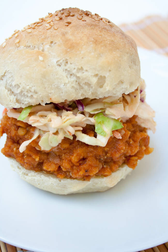 BBQ Lentil Sandwich on a plate close up.