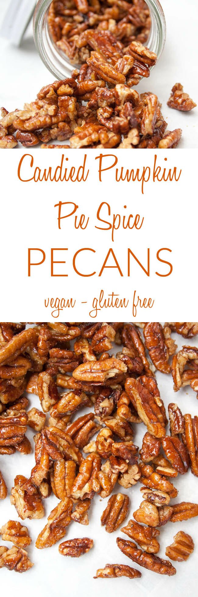 Candied Pumpkin Pie Spice Pecans collage photo with text.