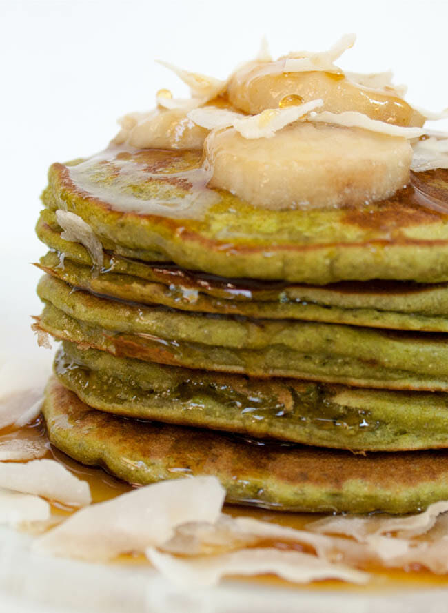 Matcha Banana Pancakes close up.