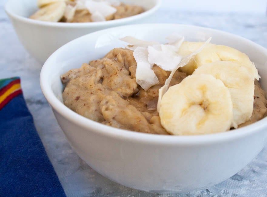 Oatmeal with Peanut Butter and Banana close up.