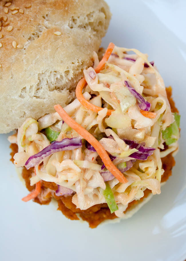 BBQ Lentil Sandwich with Sriracha Coleslaw open faced.